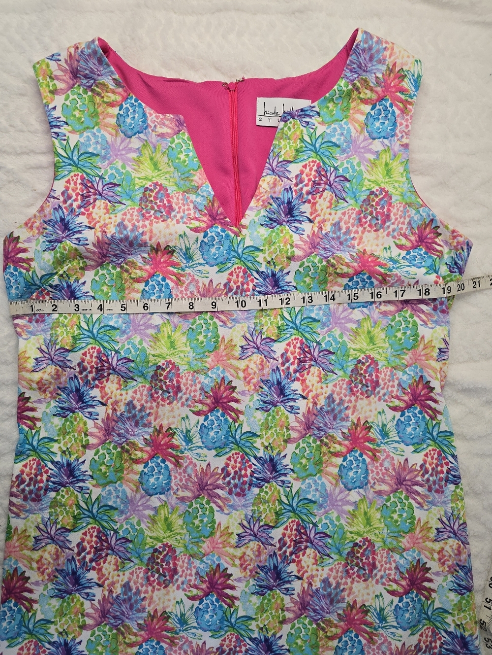 Nicole Miller Pineapple Print Dress Multicolor Tropical Sleeveless Shift  16 - Picture 10 of 12